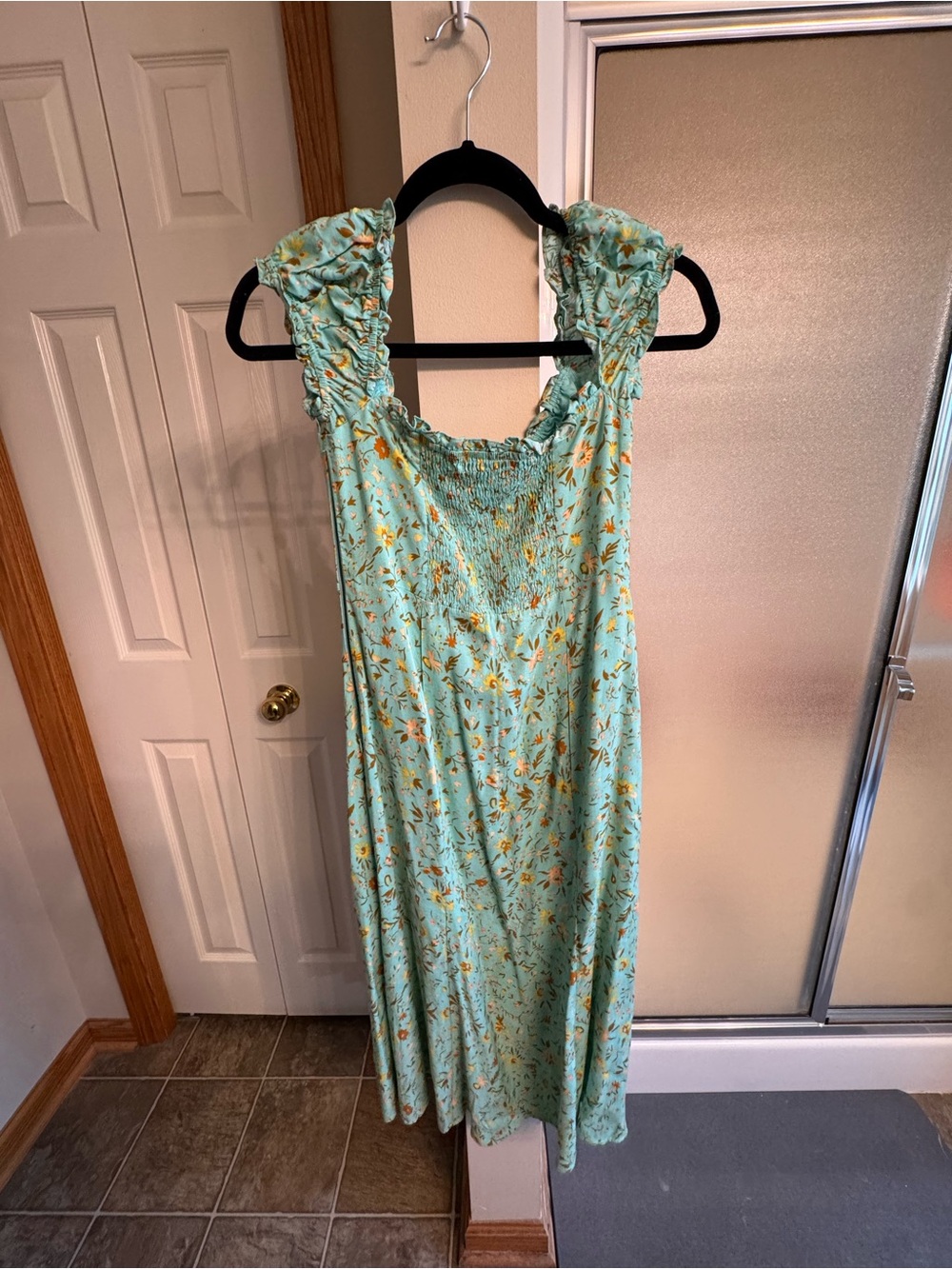 Mint Green Floral Midi Dress with Yellow Prints